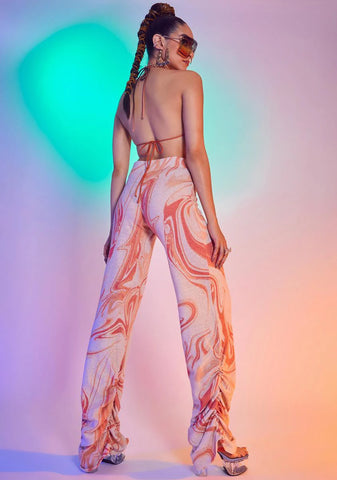 Orange Swirl Ruched Hem Printed Knit Joggers