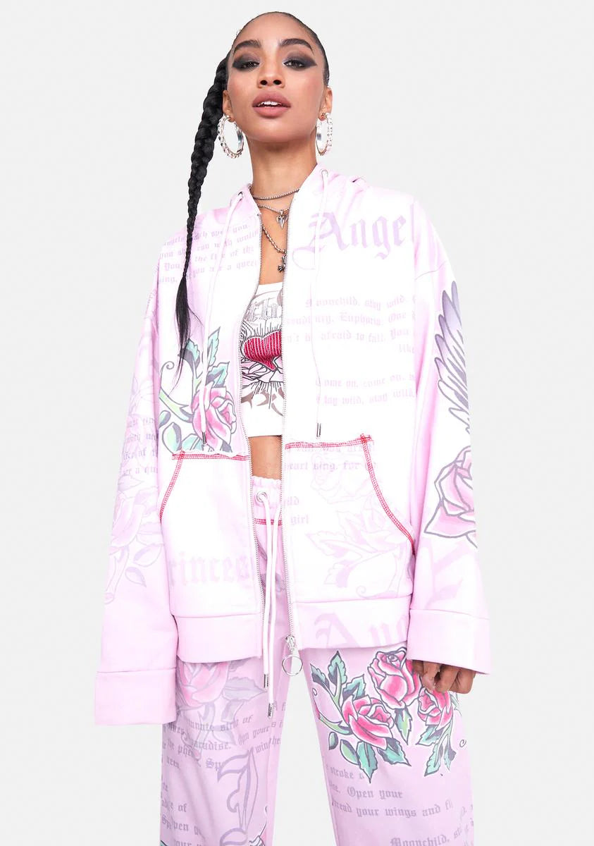 Oversized Hoodie With Graffiti Print & Rhinestone Detail