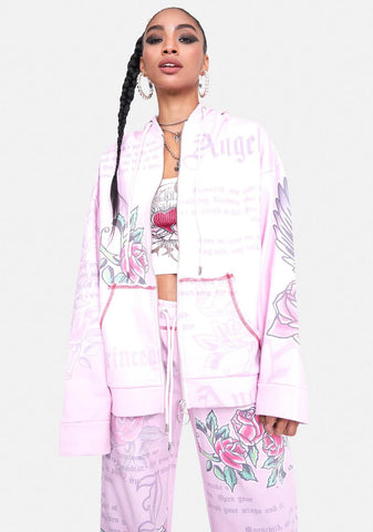 Oversized Hoodie With Graffiti Print & Rhinestone Detail