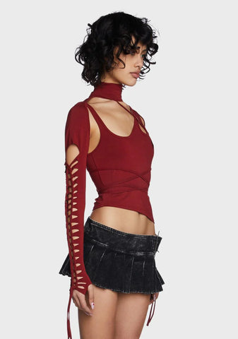 Modulation Cut Out Long Sleeve Top - Red