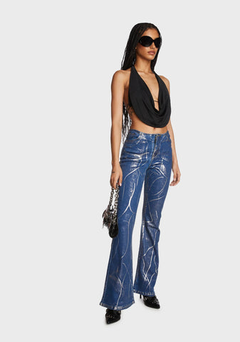 Metallic Coated Low Rise Flared Jeans