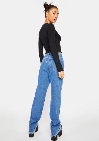 Long Straight Leg Jeans With Raw Hem