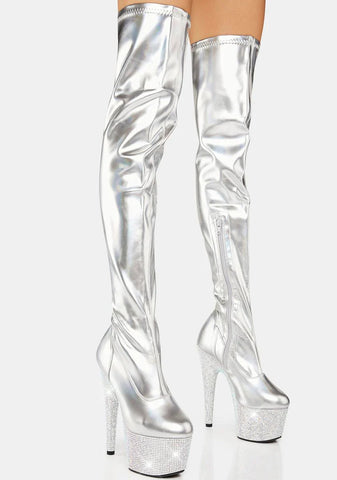 Silver Bejeweled-3000-7 Thigh High Boots