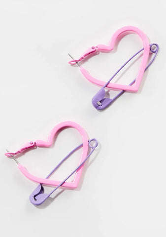 Mending Heart Safety Pin Hoop Earrings