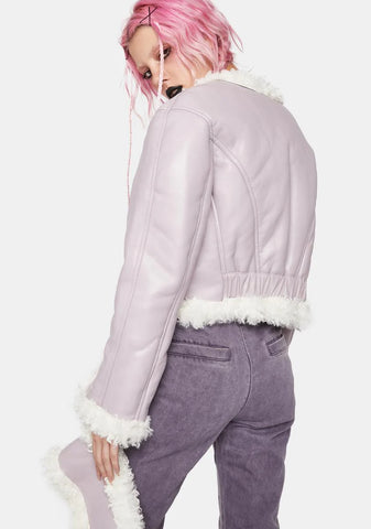 Lilac Leather And White Faux Fur Double Sided Cropped Coat