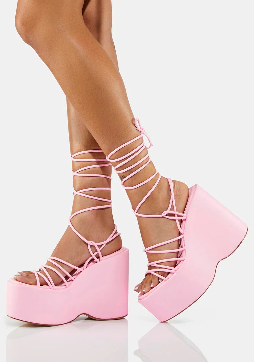 Pink Nolia Lace Up Platform Wedges