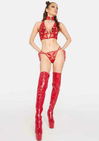 Red Medusa Embroidered Thong
