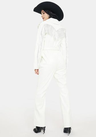 Ivory No Free Rides Fringe Jumpsuit