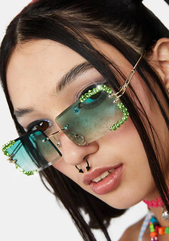 Green Rimless Revival Rhinestone Sunglasses