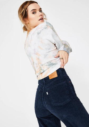 Navy Blue Ribcage Wide Leg Corduroy Pants