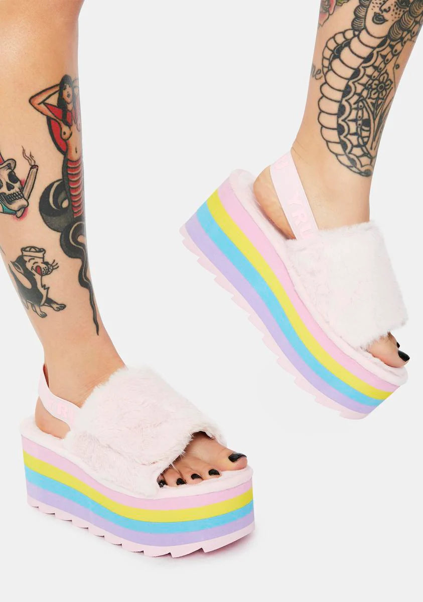 Qozii Pastel Faux Fur Platform Slides