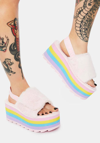 Qozii Pastel Faux Fur Platform Slides