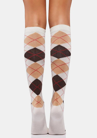 White Argyle Shades Knee High Socks