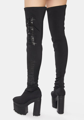 Snare Logo Stretch Thigh High Platform Boots