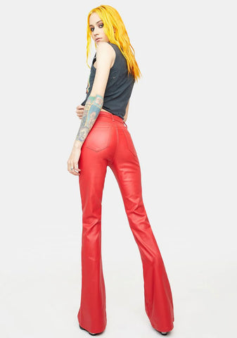 Red Vegan Leather Flare Pants