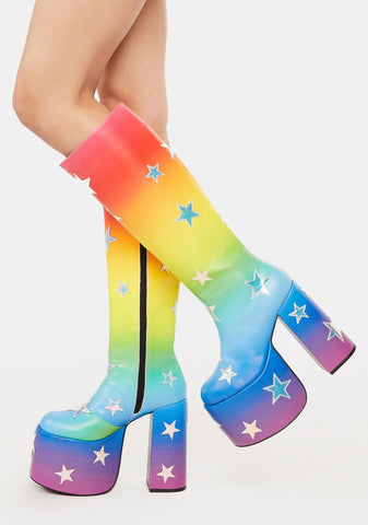 Shooting Star Knee High Boots - Rainbow