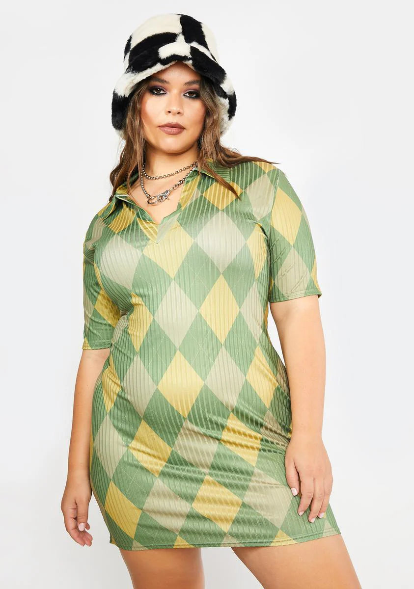Plus Argyle Print Collared Mini Dress