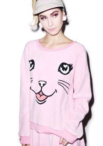 Happy Cat Oversized Sweatshirt - White