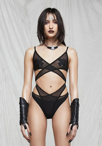 Synth Cutout Mesh Wrap Bodysuit