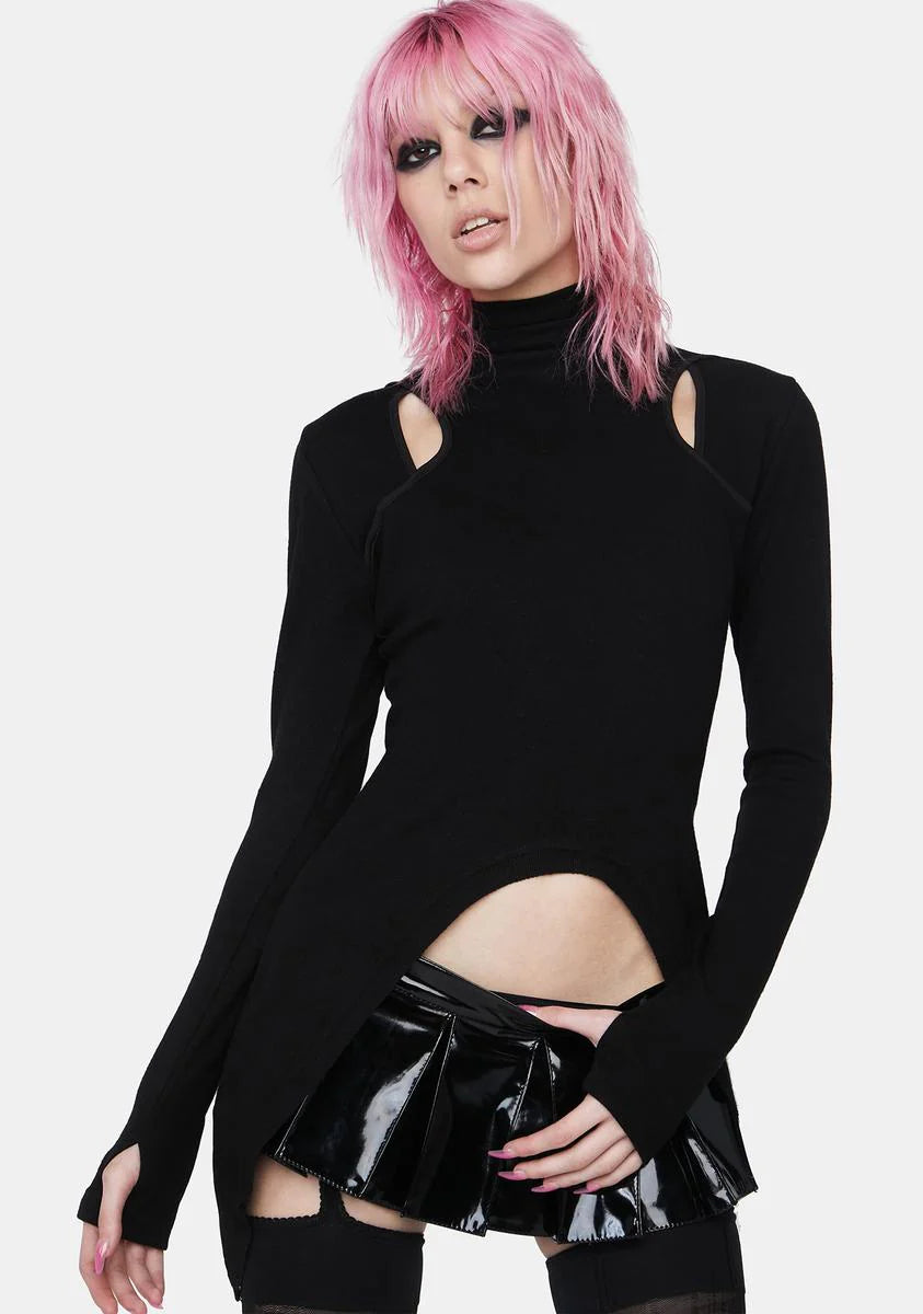 High Collar Pointed Hem Cut Out Top