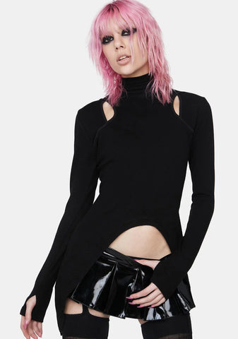 High Collar Pointed Hem Cut Out Top