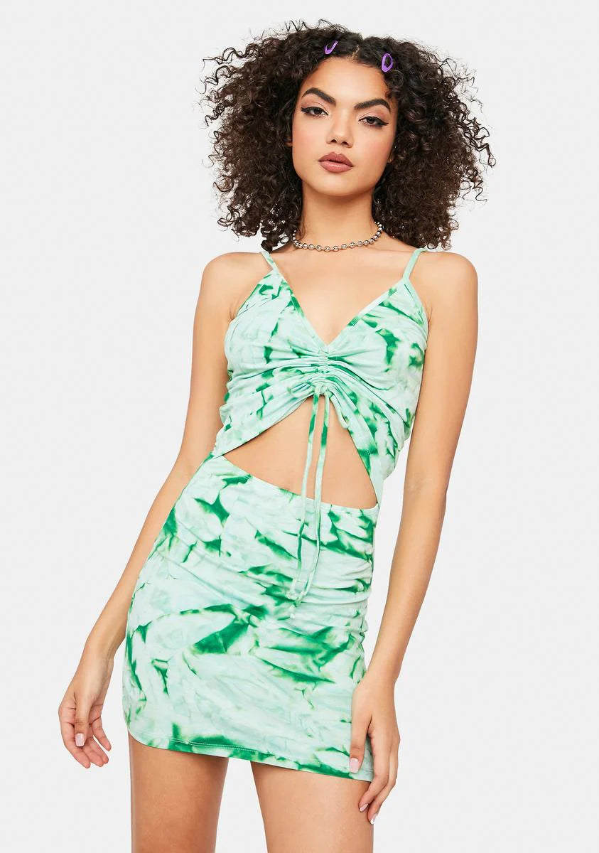 Green Tie Dye Ruched Mini Dress