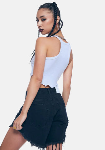 Black High Rise Distressed Denim Shorts