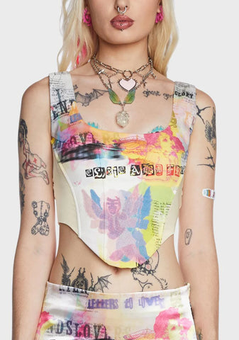 Renaissance Cherub Print Satin Corset Top