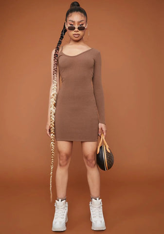 Mocha Too Annoyed One Sleeve Bodycon Mini Dress