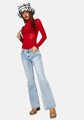 Red Mesh Long Sleeve Turtleneck