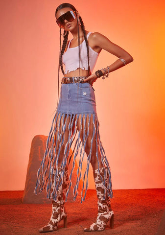 Runaway Hottie Fringe Denim Skirt