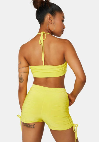 Sulphur Yellow Ruched Tie Side Booty Shorts