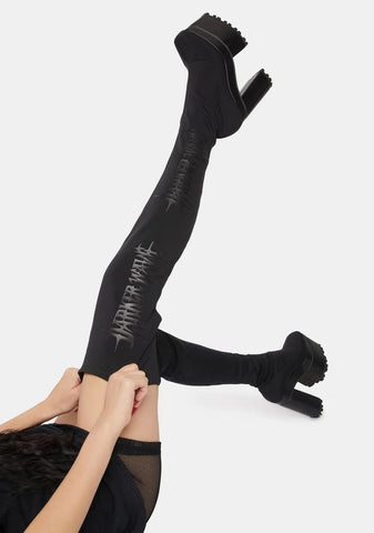 Snare Logo Stretch Thigh High Platform Boots