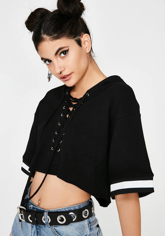 Ink Cuddle Champ Cropped Lace-Up Hoodie