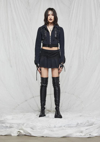 Synth Pleated Twill Mini Skirt