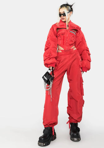 Red Nylon Tactical Pants With Detachable Panty