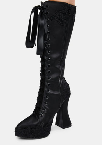 Paint It Black Satin Knee High Boots