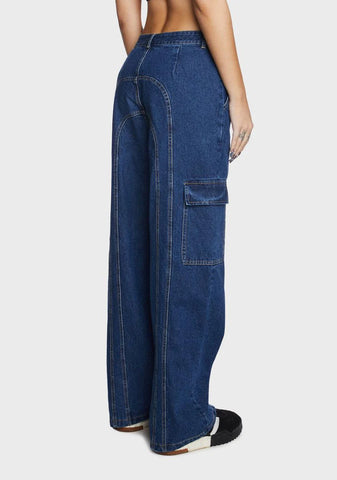 Wide Leg Denim Cargo Pants
