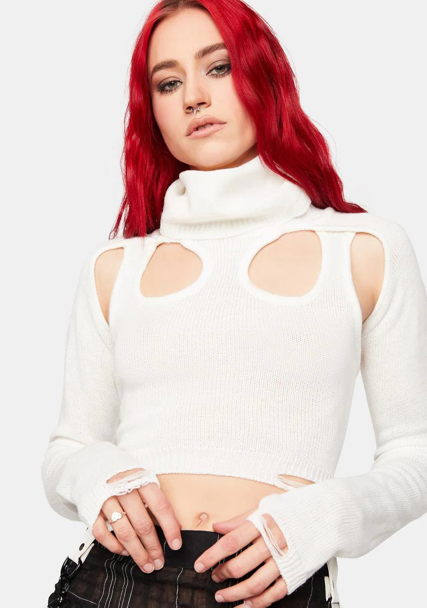 Distortion Off White Knit Cutout Turtleneck Top