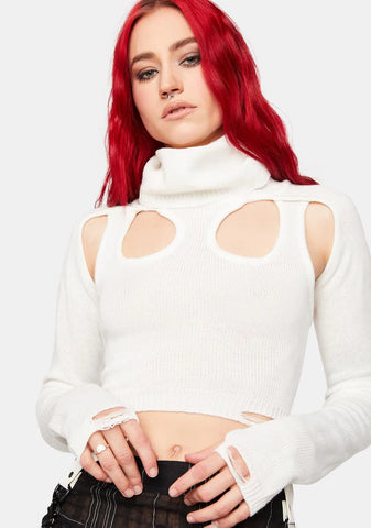 Distortion Off White Knit Cutout Turtleneck Top