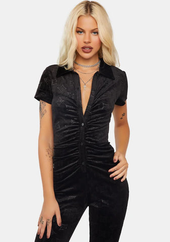 Embossed Velour Button Up Jumpsuit