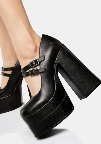 Amour Black Leather Platform Heels