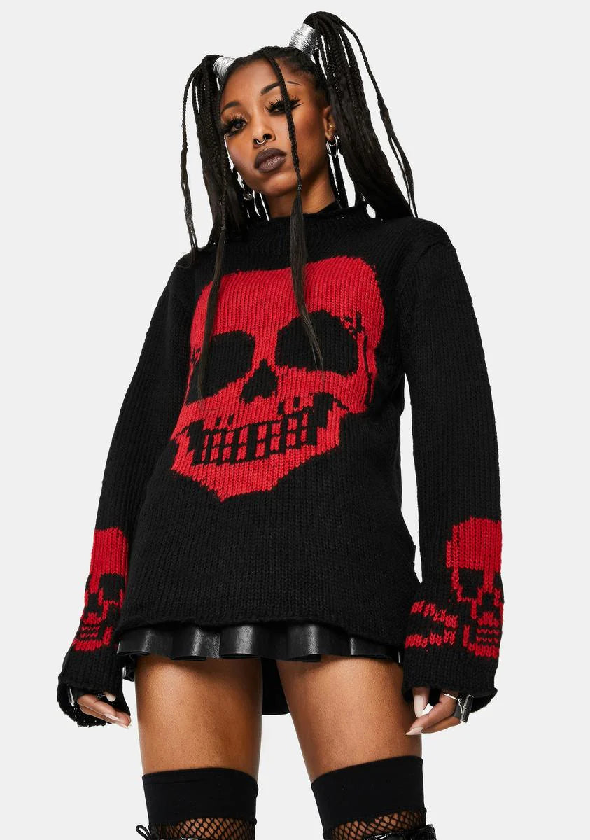 Red Knit Skull Sweater