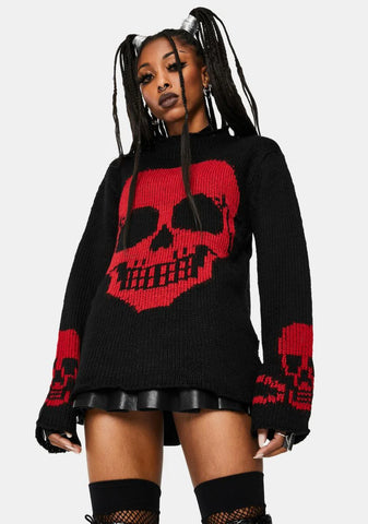 Red Knit Skull Sweater