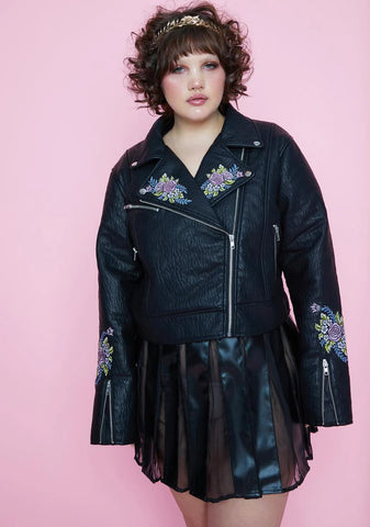 She's Gaia's Daughter Floral Embroidered Moto Jacket