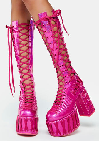 Rude Awakening Lace-Up Boots - Pink Glitter