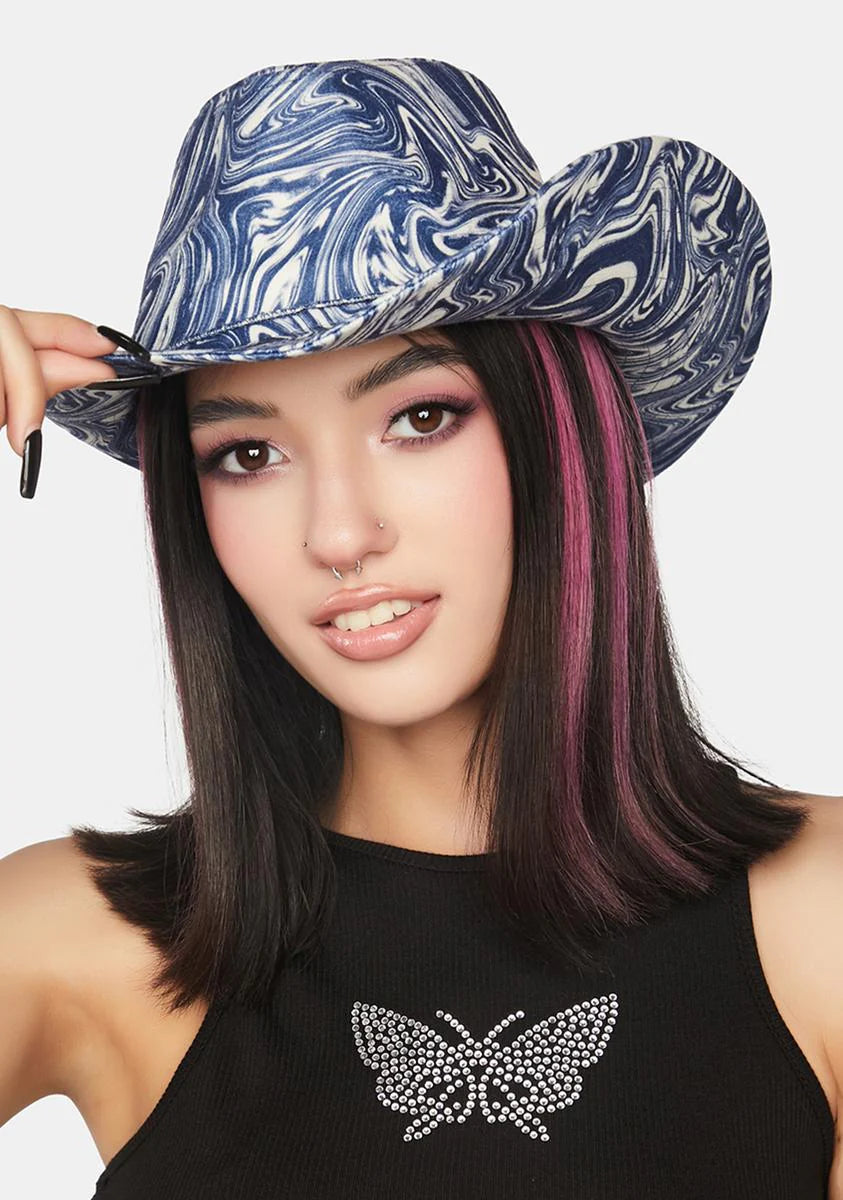 Swirl Print Denim Cowboy Hat