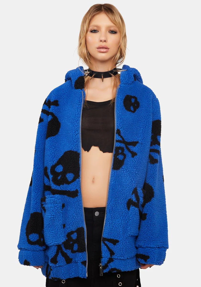 Skull On My Sleeve Sherpa Jacket - Blue
