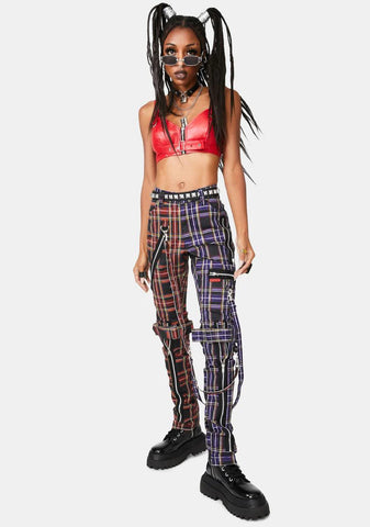 Purple Split Leg Plaid Bondage Pants