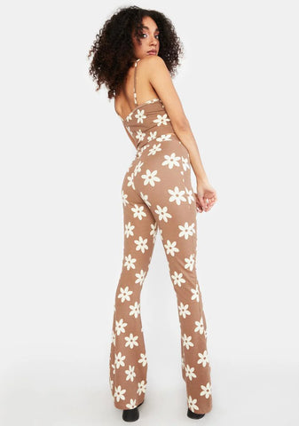 Tan Floral Fit And Flare Pants